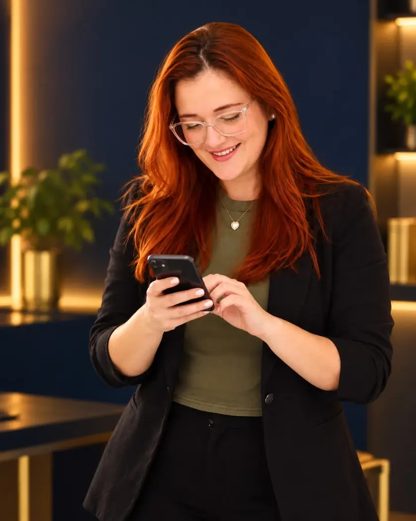 Juliana, da Impulso Digital, utilizando o celular em ambiente profissional